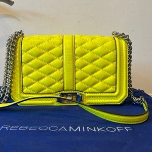 Rebecca Minkoff Quilted Love Neon Yellow Crossbody Handbag Chain Strap